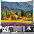 Tapiz impresionista con campos de lavanda y montañas colgado sobre un sofá elegante - 100X70 / Techo Rojo Lavanda (17) / Piel de Melocotón