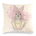 Linen Easter pillow cover featuring a hand-painted rabbit design with floral crown - Gray Rabbit with Small Flower (5) / 18x18 Inch