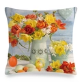 Detailed texture of Easter linen pillow cover with floral eggs and spring tulips print - Bright Tulips And Porcelain Vase Style (13)