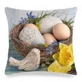 Detailed texture of Easter linen pillowcase with floral nest and vintage eggs design - Vintage Bird Nest Daffodils Style (12)