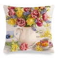 Close-up of floral Easter linen pillowcase with colorful tulips and tea cup pattern - Pot Tulips And Tea Cup Style (9)