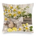 Close-up of linen Easter pillow cover featuring daffodil flowers and woven basket - Daffodils And Easter Eggs Style (7)