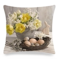 Close-up of Easter linen pillowcase with yellow tulips, eggs, and rabbit pattern texture - Yellow Tulips And Bird Nest Style (6)