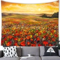 Tapiz de pintura al óleo impresionista con montañas al atardecer y campo de amapolas - 100X70 / Mar de Amapolas al Crepúsculo (18) / Piel de Melocotón