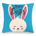 Detail der Leinen-Osterkissenhülle mit Happy Easter Text und süßem weißem Hasen - 45x45cm / Leuchtend Blauer Hintergrund Weißer Hase Muster