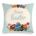 Linnen Pasen kussensloop met Happy Easter tekst en kleurrijk eier- en bloemenpatroon - Model 1