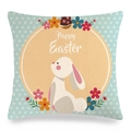 Paashaas linnen kussenhoes met Happy Easter tekst en kleurrijke bloemendetails - Model 2