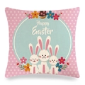 Paaskussenhoes van linnen met schattige konijntjes, eieren en Happy Easter tekst - Model 3
