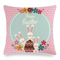 Close-up of Happy Easter linen pillowcase with bunny and colorful egg print details - Style 7