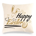 Detailed texture of linen Easter pillowcase featuring golden bunny and Happy Easter print - Style 9