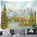 Tapiz artístico de pintura al óleo con montañas nevadas y paisaje de cascada - 100X70 / Cascada de Montaña Nevada (19) / Piel de Melocotón