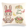 Oster-Kissenbezug aus Leinen mit süßem Hasen, Blumenkranz und Little Bunny Aufdruck - 45x45 cm