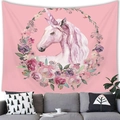 Detailed texture of dream unicorn wall tapestry with watercolor floral wreath design - 100x70cm / Peach Skin (Satin-like) / Pink Unicorn Wreath (1)