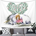 Close-up of a dreamy unicorn tapestry with watercolor girl illustration above a sofa - 100x70cm / Peach Skin (Satin-like) / Crown Girl Hugging Unicorn (3)