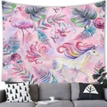 Detail of a dreamy unicorn and flamingo tapestry with tropical floral watercolor patterns - 100x70cm / Peach Skin (Satin-like) / Elegant Unicorn and Flamingo (4)