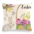 Housse de coussin Pâques avec lapin aquarelle, panier fleuri et œufs sur lin - Style 16