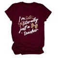 Detail of burgundy T-shirt showing I'm literally just a teacher text and leopard bows - S / Tops / Burgundy