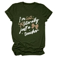 Detail of forest green T-shirt featuring I'm literally just a teacher text and leopard bows - S / Army Green (White Text)