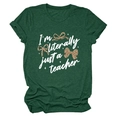Detail of dark green cotton T-shirt featuring I'm literally just a teacher print and bows - S / Tops / Vintage Green