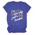 Detail of royal blue teacher t-shirt showing leopard bow prints and artistic text - S / Retro Blue (White Text)