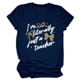 Detail view of navy blue crewneck T-shirt featuring 'I'm literally just a teacher' print - S / Tops / Navy Blue