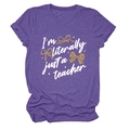 Detail of heather purple t-shirt featuring 'I'm literally just a teacher' and leopard bows - S / Purple (White Text)