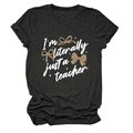 Detail of soft charcoal grey cotton t-shirt with teacher slogan and leopard bows - S / Heather Charcoal (White Text)