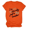Detail of orange crew neck T-shirt with 'I'm literally just a teacher' slogan and bows - S / Orange (Black Text)