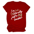 Detail of burgundy T-shirt with 'I'm literally just a teacher' print and leopard bows - S / Red (White Text)