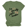 Detail of olive green t-shirt with teacher text print and leopard bow patterns - S / Tops / Olive Green