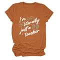 Detail of caramel cotton T-shirt with I'm literally just a teacher and leopard bows - S / Burnt Orange (White Text)