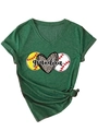 Detail view of V-neck T-shirt with grandma leopard heart and baseball print design - Vintage Green