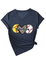 Detail of V-neck T-shirt showing leopard heart, sports balls and grandma print - Navy Blue