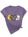 Detail of V-neck grey t-shirt featuring leopard heart and grandma softball print - Purple