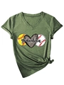 Detail of V-neck heather green T-shirt with leopard heart and grandma baseball print - Olive Green