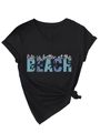 Detail of V-neck black t-shirt with beach print and trendy side-knot styling detail - S / Black