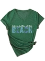 Detail of V-neck T-shirt showing beach slogan print and decorative front knot design - S / Dark Green