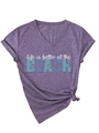 Detail of purple V-neck T-shirt with 'life is better at the beach' print and front knot hem - S / Purple