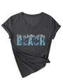 Detail of V-neck grey heather tee with beach print and trendy side knot design - S / Black Heather Grey