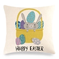 Osterhasen-Kissenbezug aus Leinen mit bunten Eiern und Happy Easter Aufschrift - 45x45cm / Hase im Korb und Ostertext Muster