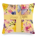 Dettaglio della fodera per cuscino pasquale in lino con farfalla blu e disegno floreale - Stile Croce Farfalla Blu Floreale Giallo Viola (18)