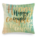 Dettaglio della federa in lino Happy Couple con scritte a strati e pois verdi - Stile Happy Couple Pois Oro Ottanio (17)