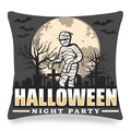 Halloween kussensloop met mummie en maan illustratie op grijze stof voor bank decor - Mummie en Volle Maan (Stijl-3)