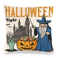 Detail van Halloween kussensloop met tovenaar, kasteel en pompoenen op linnen textuur - Tovenaar in Blauwe Mantel met Snoepemmer (Stijl 7)