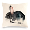 Linen cushion cover featuring a watercolor grey rabbit illustration on cream fabric - Black Gray Artistic Watercolour Rabbit (11) / 18x18 Inch
