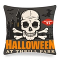 Detail van Halloween kussensloop met schedel, spookkasteel en oranje vleermuizen - Doodskop & Griezelkasteel (Stijl-11)