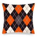 Close-up of the coarse fabric texture and colorful argyle pattern on the square pillowcase - 18x18 Inch / Orange Black Beige Patchwork Argyle (Style-10)