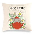 Leinen-Kissenbezug zu Ostern mit grauem Hasen und roter Teekanne Illustration - 45x45cm / Teekanne Hase und Gänseblümchen Muster