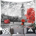 Detail view of a London street oil painting tapestry featuring a red double-decker bus - Red Double-Decker Bus and Big Ben Style (2) / 100x70(Peach Skin)