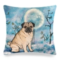 Detail of linen pug dog pillow cover showing the moonlit illustration and fabric texture - 18x18 Inch / Blue Moon Night Illustration (17)